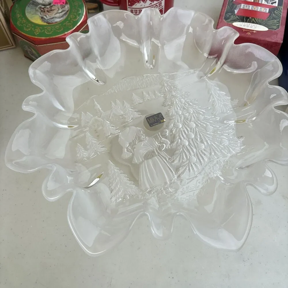 Mikasa Christmas Story 13 1/2” Glass Serving Canape Platter Frosted Ruffled NIB
